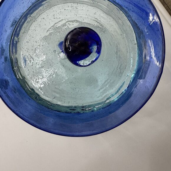 Hand Blown Glass Canister Mexico with lid Blue Rim Biscuit Cookie Jar 6”x4” Farm - Picture 15 of 16